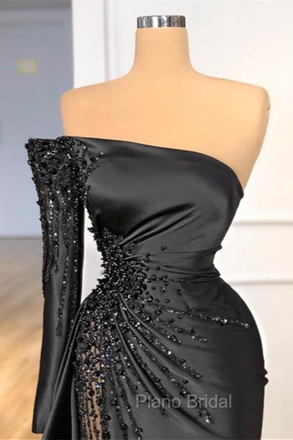 Glamorous Black Long Sleeve One Shoulder Formal Prom Dresses Beadings Evening Gowns