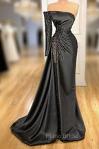 Glamorous Black Long Sleeve One Shoulder Formal Prom Dresses Beadings Evening Gowns