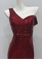 Glamorous Burgundy Slim-Fit One-Shoulder Slit Sequin Long Formal Prom Dresses