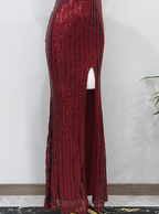 Glamorous Burgundy Slim-Fit One-Shoulder Slit Sequin Long Formal Prom Dresses