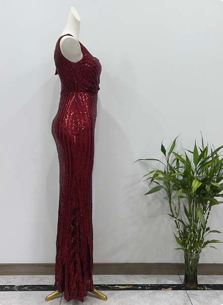 Glamorous Burgundy Slim-Fit One-Shoulder Slit Sequin Long Formal Prom Dresses