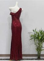Glamorous Burgundy Slim-Fit One-Shoulder Slit Sequin Long Formal Prom Dresses