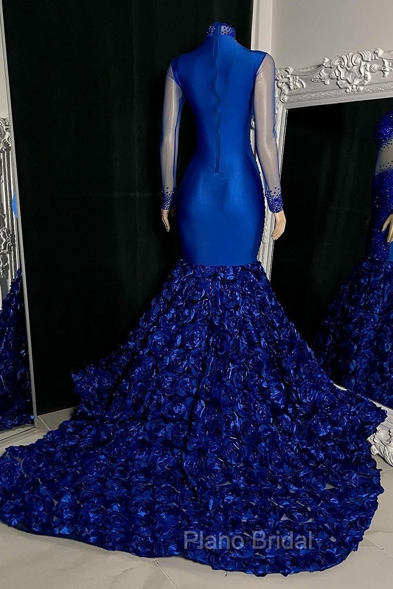 Glamorous High Neck Long Sleeves Formal Prom Dresses Mermaid Flowers Bottom With Beads