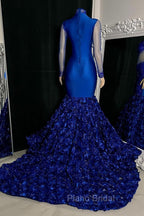Glamorous High Neck Long Sleeves Formal Prom Dresses Mermaid Flowers Bottom With Beads