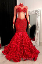 Glamorous High Neck Long Sleeves Formal Prom Dresses Mermaid Flowers Bottom With Beads