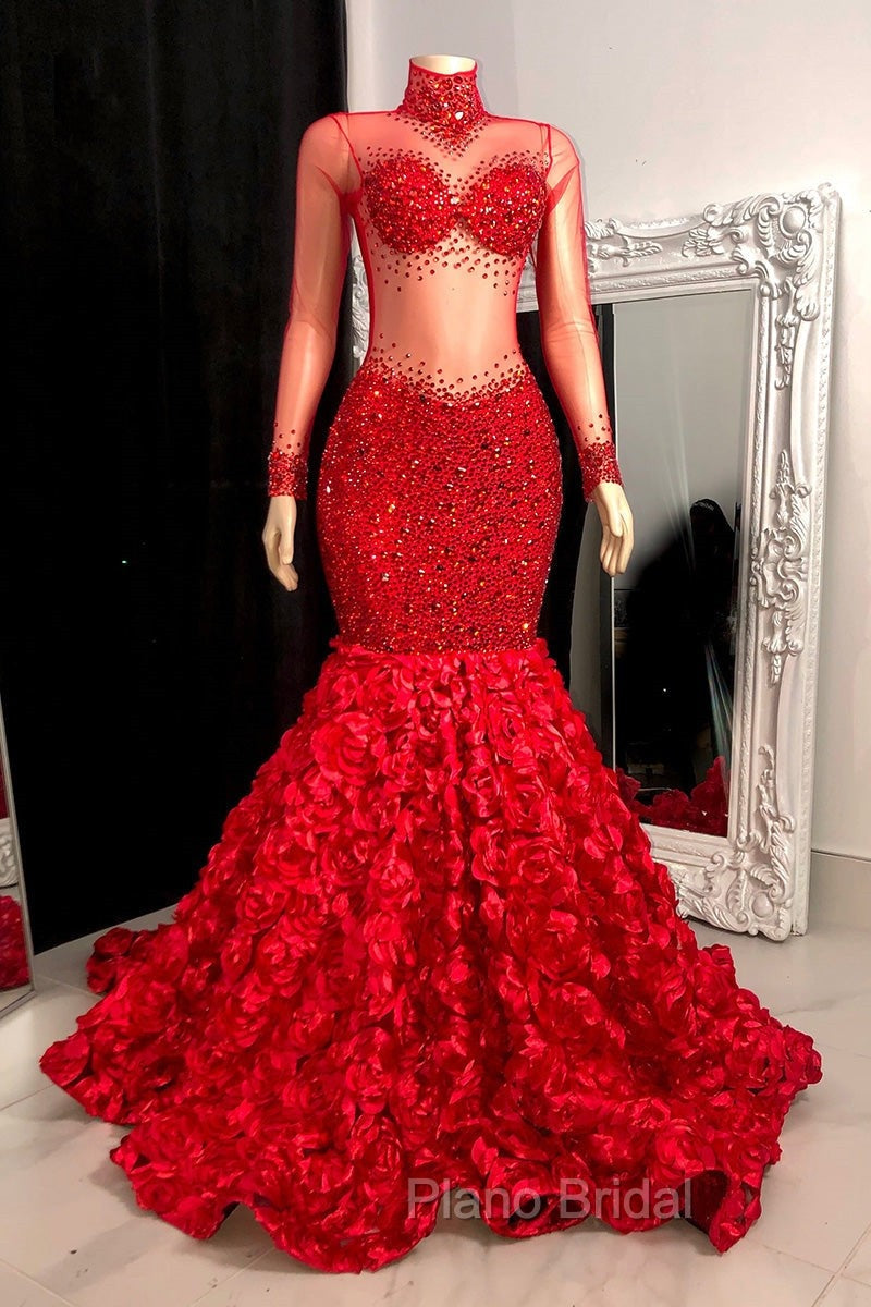 Glamorous High Neck Long Sleeves Formal Prom Dresses Mermaid Flowers Bottom With Beads