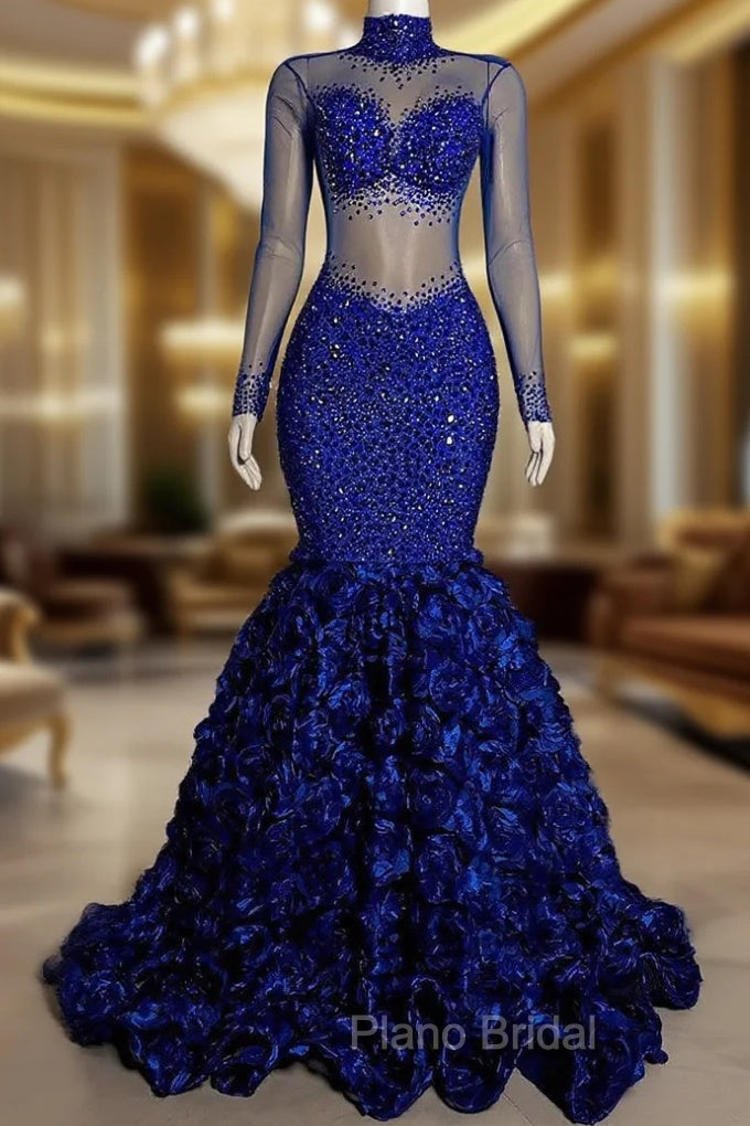 Glamorous High Neck Long Sleeves Formal Prom Dresses Mermaid Flowers Bottom With Beads Main image