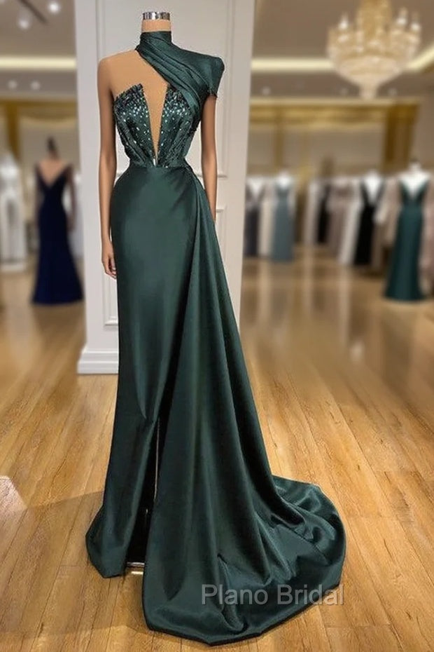 Glamorous High Neck One Shoulder Long Sleeve Mermaid Evening Gowns With Crystals Main image