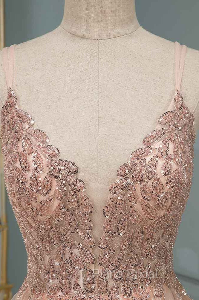 Glamorous Long A-line Sequins V-Neck Open Back Evening Formal Prom Dresses