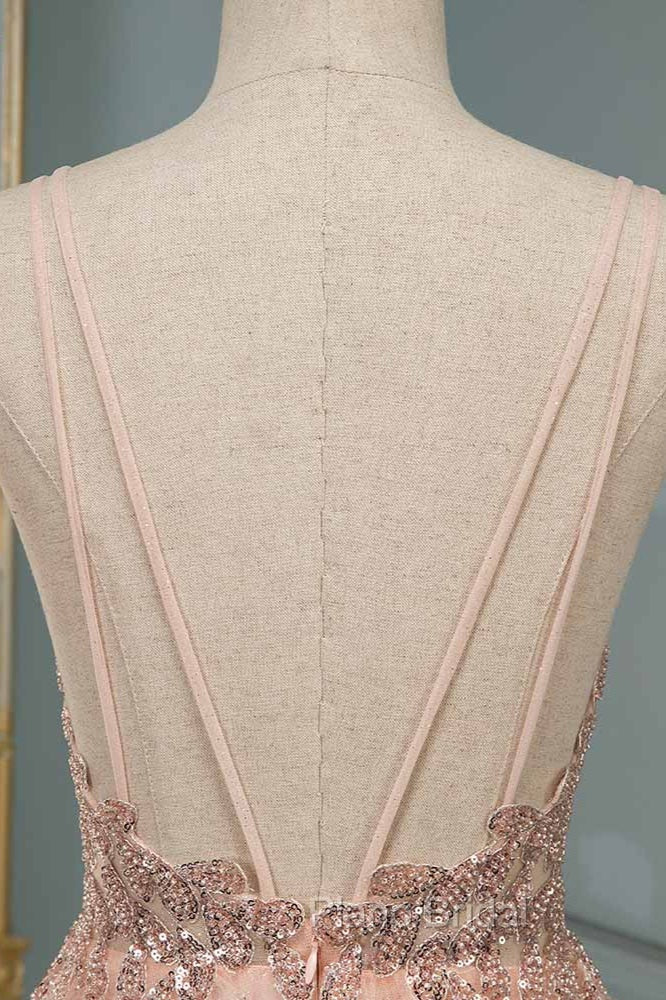 Glamorous Long A-line Sequins V-Neck Open Back Evening Formal Prom Dresses