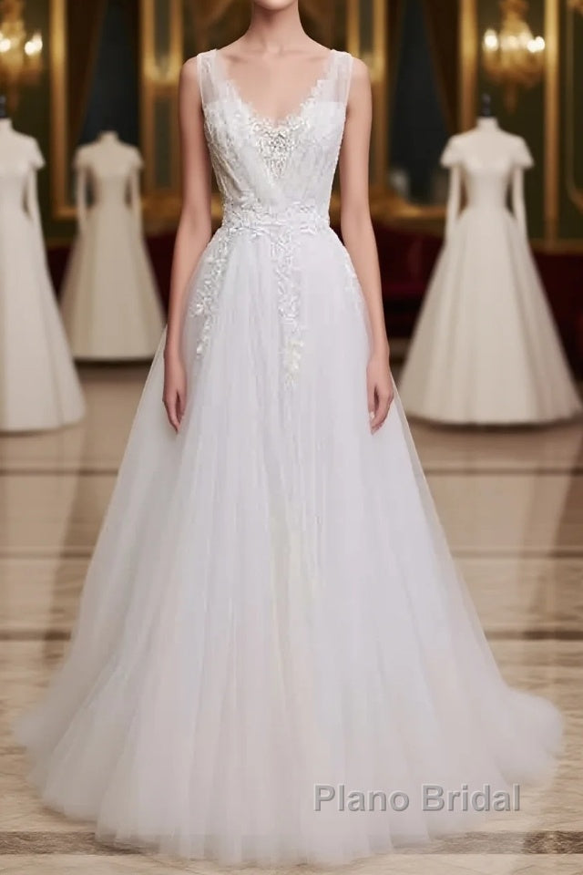 Glamorous Long A-line V-Neck Backless Tulle Wedding Dresses Main image