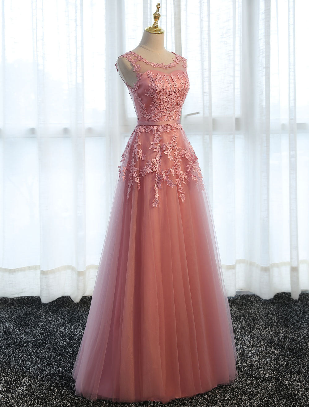 Glamorous Long Evening Dresses Lace Cameo Pink Party Dress A Line Applique Tulle Maxi Formal Dress Secondary image