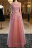 Glamorous Long Evening Dresses Lace Cameo Pink Party Dresses A Line Applique Tulle Maxi Formal Dresses