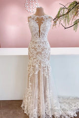 Glamorous Long Mermaid Bateau Appliques Lace Tulle Wedding Dress