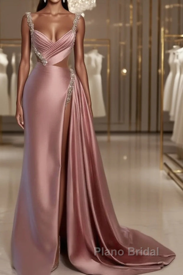 Pink Sweetheart Spaghetti Strap Formal Prom Dresses with High Slit Trail