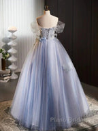 Glitter A-Line Off Shoulder Tulle Flower Quinceanera Dresses Blue Long Formal Prom Dresses Beautiful