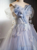 Glitter A-Line Off Shoulder Tulle Flower Quinceanera Dresses Blue Long Formal Prom Dresses Beautiful