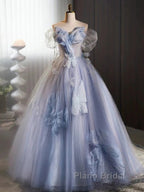 Glitter A-Line Off Shoulder Tulle Flower Quinceanera Dresses Blue Long Formal Prom Dresses Beautiful