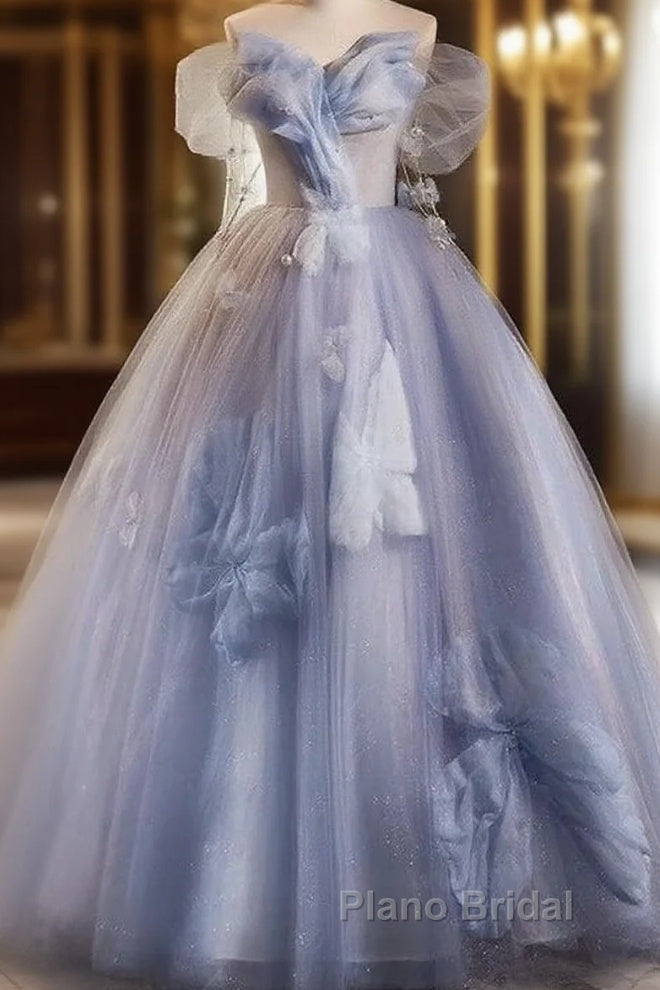 Glitter A-Line Off Shoulder Tulle Flower Quinceanera Dresses Blue Long Formal Prom Dresses Beautiful