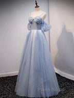 Glitter A-Line Princess Off Shoulder Tulle Gray Blue Long Formal Prom Dresses Sparkly Evening Dresses