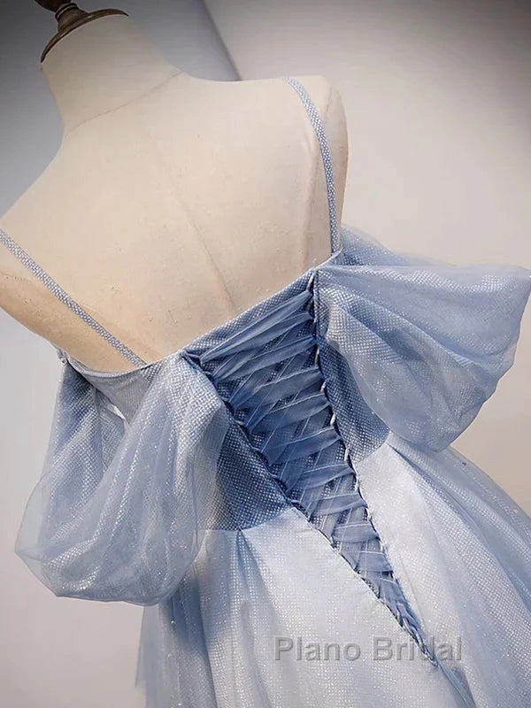 Glitter A-Line Princess Off Shoulder Tulle Gray Blue Long Formal Prom Dresses Sparkly Evening Dresses
