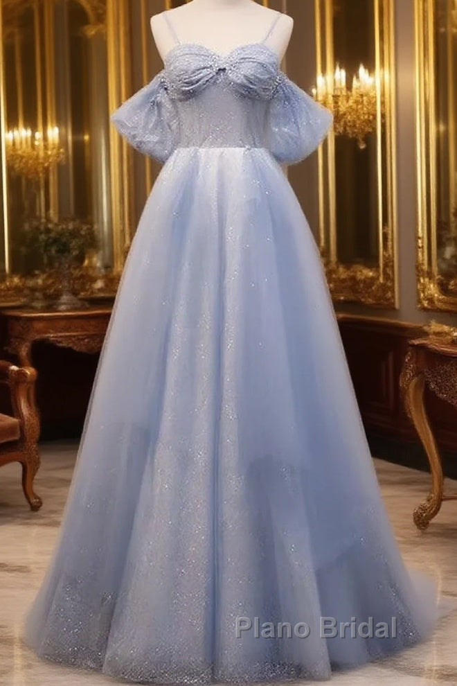 Glitter A-Line Princess Off Shoulder Tulle Gray Blue Long Formal Prom Dresses Sparkly Evening Dresses Main image