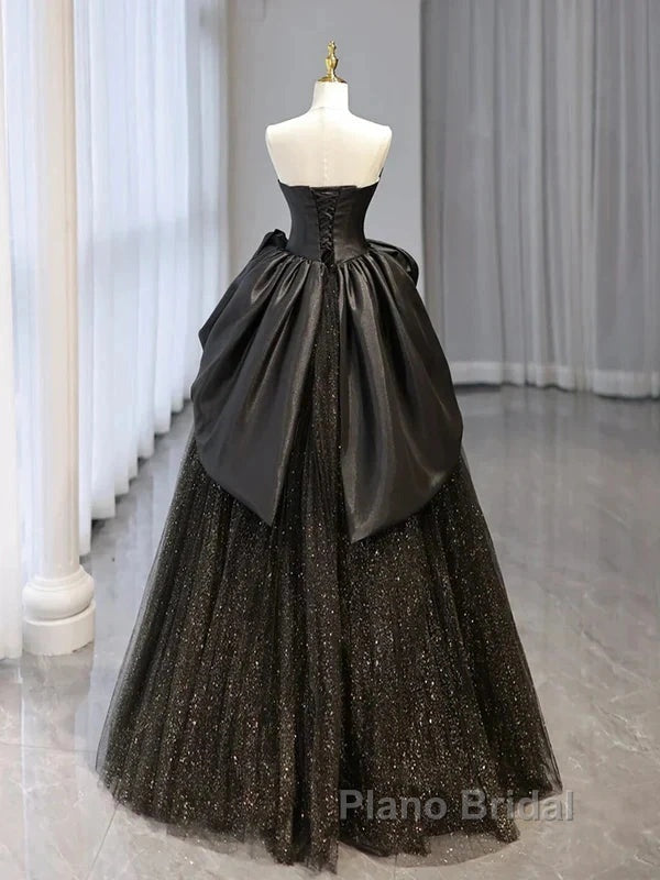 Glitter A-Line Sweetheart Neck Tulle Satin Ballgown Black Long Formal Prom Dresses Sparkly Evening Dresses