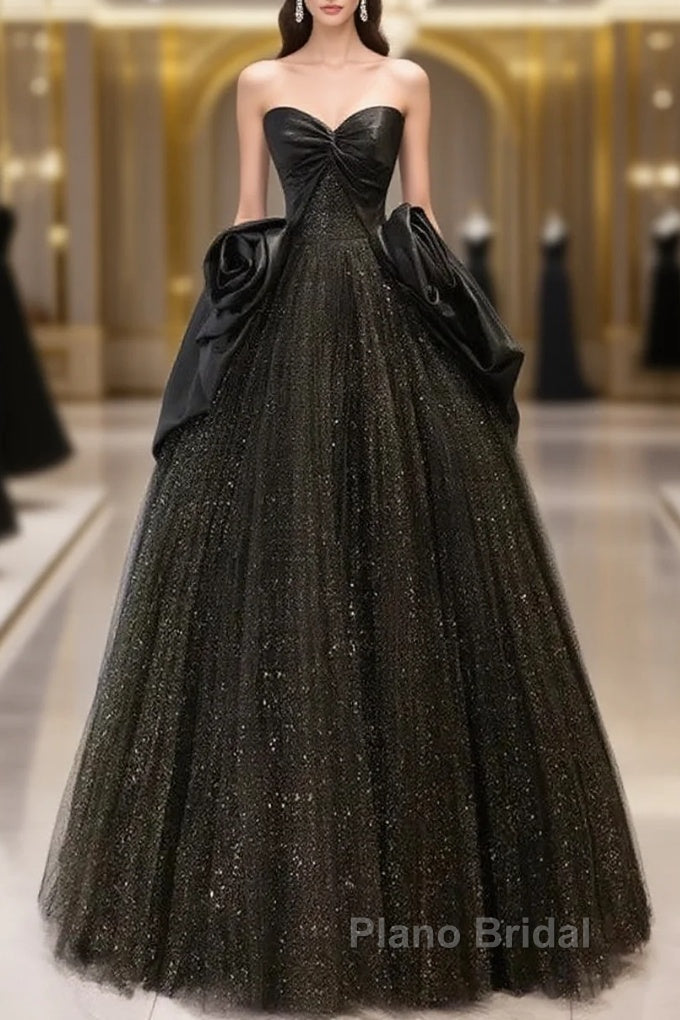 Glitter A-Line Sweetheart Neck Tulle Satin Ballgown Black Long Formal Prom Dresses Sparkly Evening Dresses Main image