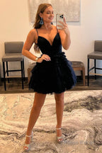 Glitter Black Tiered Spaghetti Straps Short Homecoming Dress