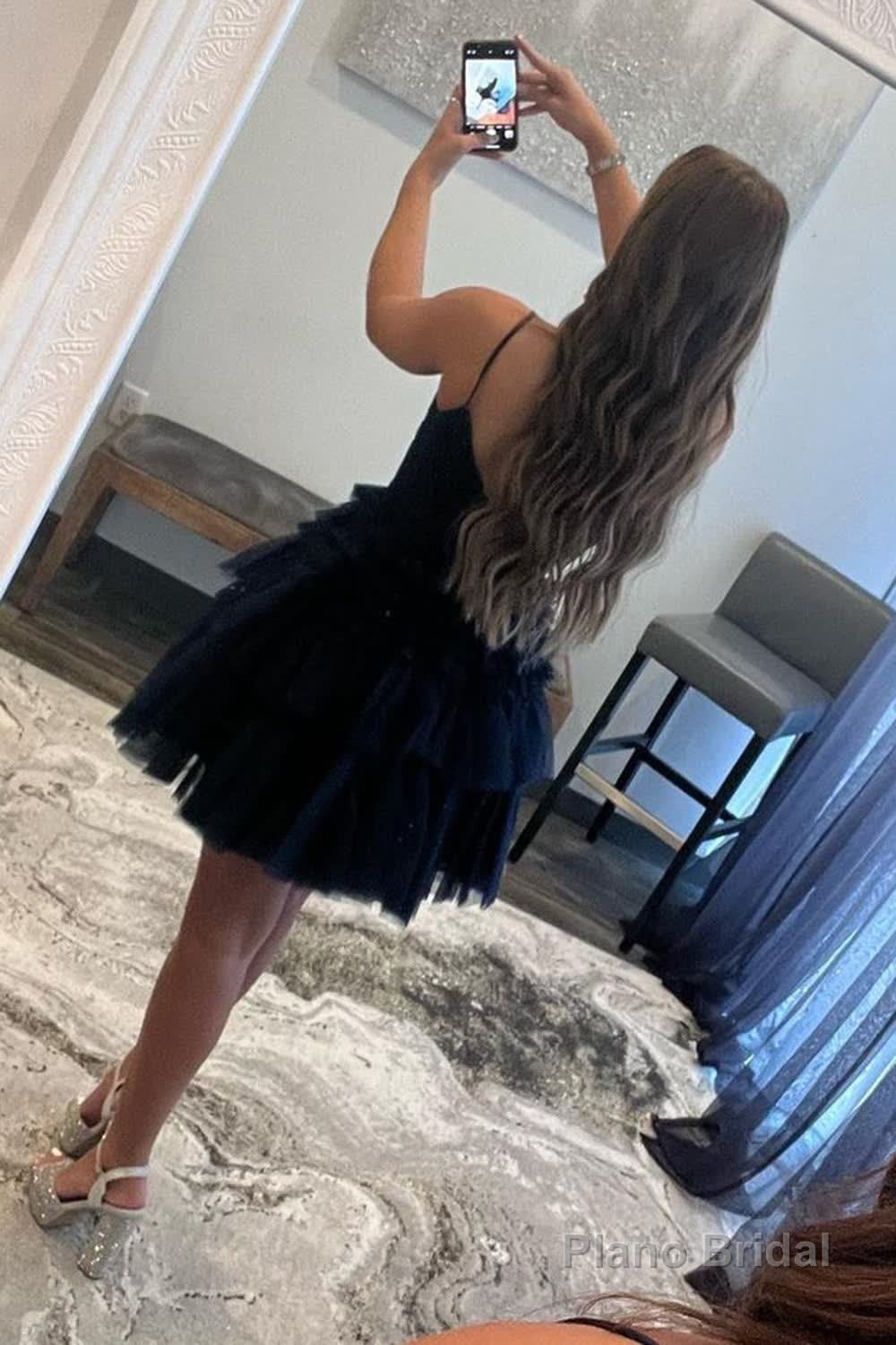 Glitter Black Tiered Spaghetti Straps Short Homecoming Dress