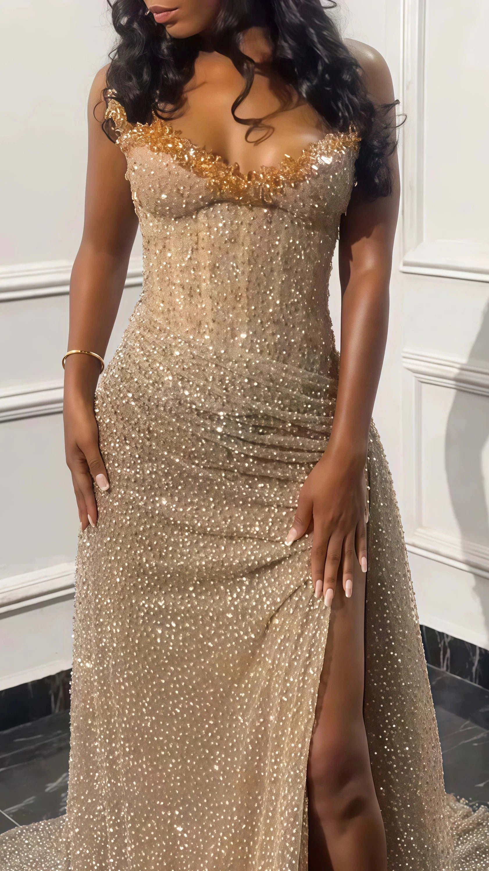 Glitter Bodycon Champagne Formal Evening Formal Prom Dresses, Sexy Beaded Split Party Formal Gown Secondary image