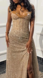 Glitter Bodycon Champagne Formal Evening Formal Prom Dresses, Sexy Beaded Split Party Formal Gown