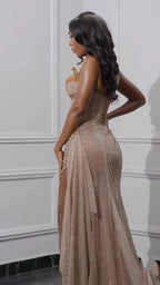 Glitter Bodycon Champagne Formal Evening Formal Prom Dresses, Sexy Beaded Split Party Formal Gown