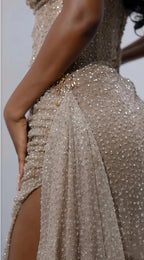 Glitter Bodycon Champagne Formal Evening Formal Prom Dresses, Sexy Beaded Split Party Formal Gown