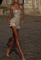 Glitter Champagne Tulle Beaded Birthday Outfits Short Sheath Homecoming Dresses Cocktail Dresses