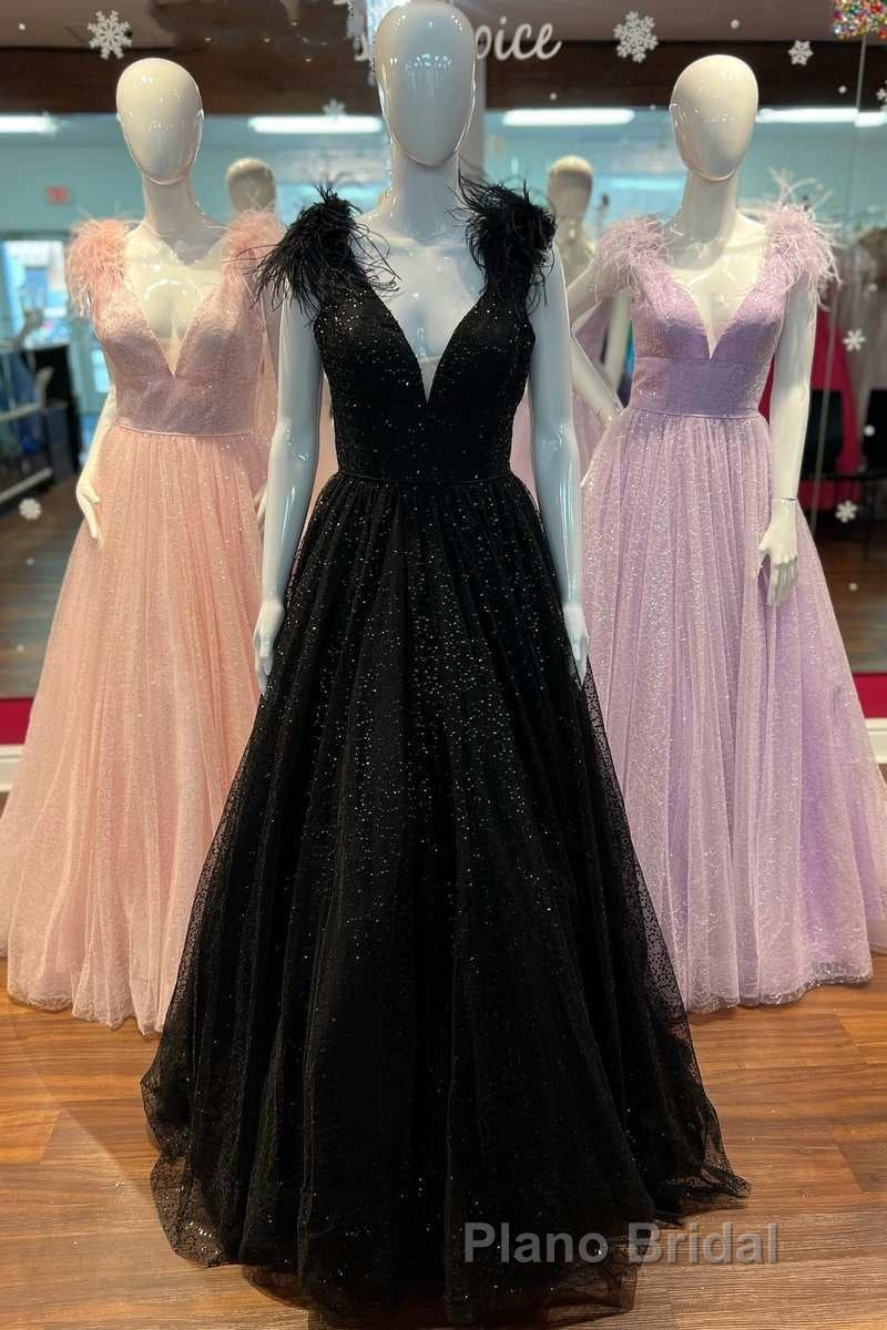 Glitter Feathers V-Neck Empire Waist A-Line Formal Prom Gown,Evening Party Dresses Secondary image