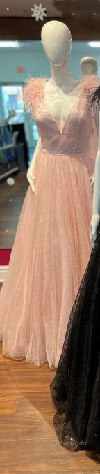 Glitter Feathers V-Neck Empire Waist A-Line Formal Prom Gown,Evening Party Dresses