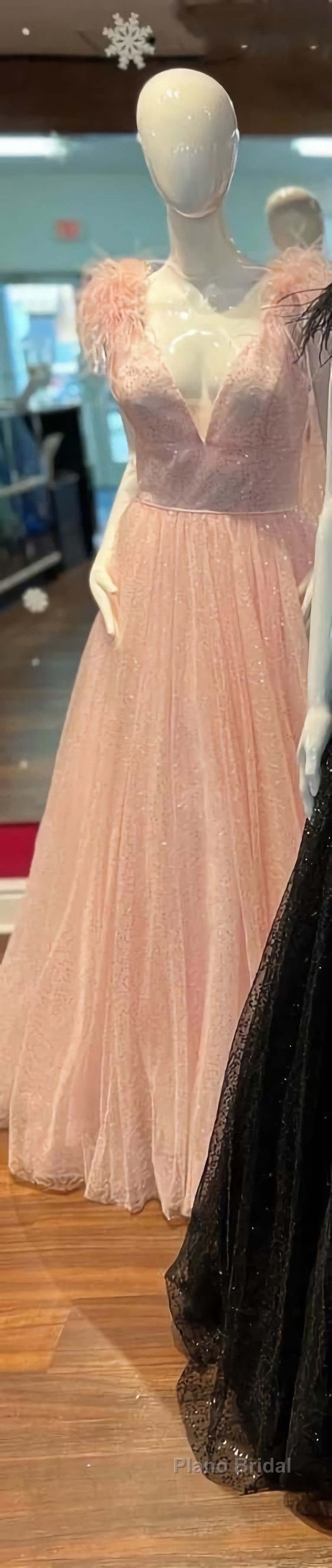 Glitter Feathers V-Neck Empire Waist A-Line Formal Prom Gown,Evening Party Dresses