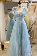 Glitter Feathers V-Neck Empire Waist A-Line Formal Prom Gown,Evening Party Dresses