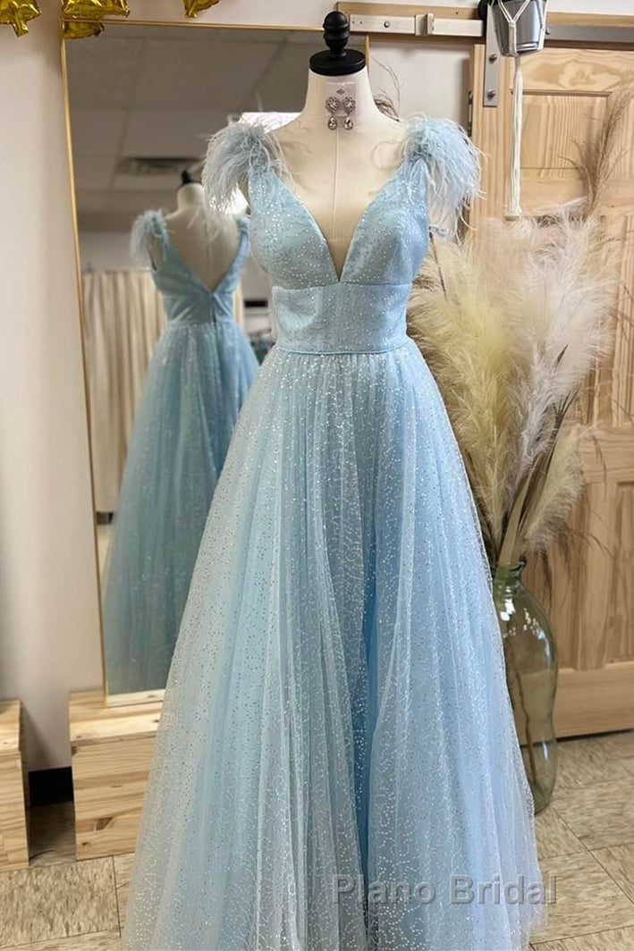 Glitter Feathers V-Neck Empire Waist A-Line Formal Prom Gown,Evening Party Dresses
