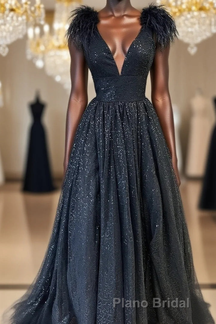 Glitter Feathers V-Neck Empire Waist A-Line Formal Prom Gown,Evening Party Dresses Main image
