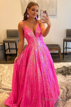 Glitter Fuchsia Sequins Long Prom Dress
