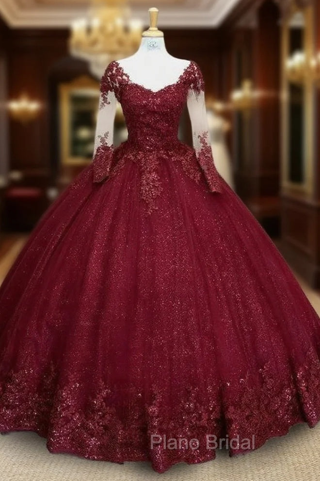 Glitter Long Sleeve Princess Burgundy Quinceanera Dresses Main image