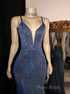 Glitter Mermaid Formal Prom Dresses Long Spaghetti Straps V Neck Open Back Formal Party Gowns