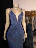 Glitter Mermaid Formal Prom Dresses Long Spaghetti Straps V Neck Open Back Formal Evening Party Gowns