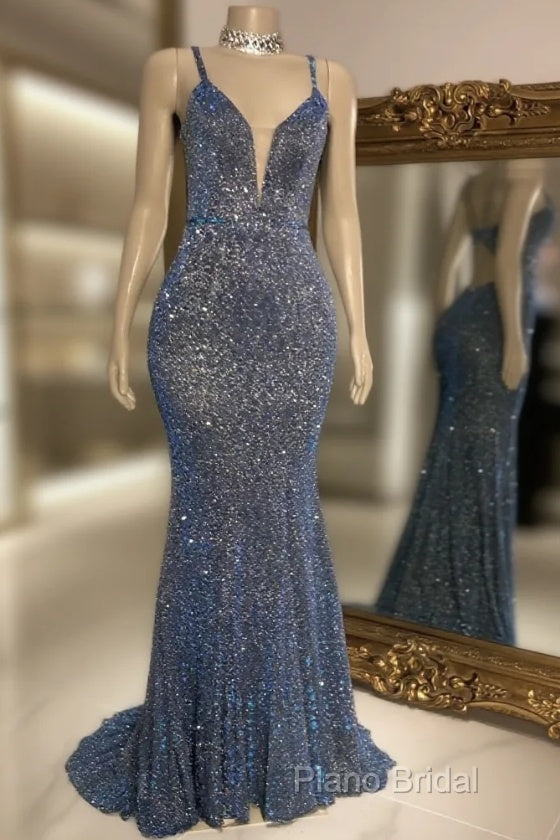 Glitter Mermaid Formal Prom Dresses Long Spaghetti Straps V Neck Open Back Formal Party Gowns
