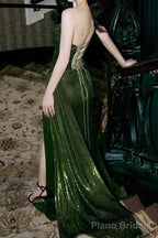 Glitter Mermaid Sequin Prom Dresses Green Strapless Pleats Special Occasion Dresses