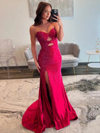 Glitter Mermaid Yellow Sweetheart Cut-out Long Prom Dress with Beading