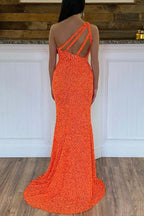 Glitter One Shoulder Hot Pink Sequins Mermaid Formal Prom Dresses With Slit