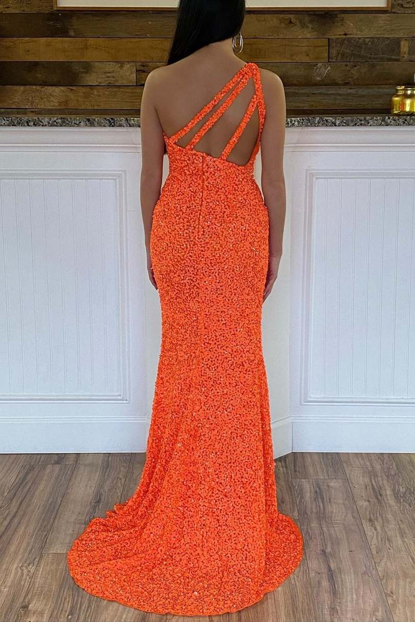 Glitter One Shoulder Hot Pink Sequins Mermaid Formal Prom Dresses With Slit